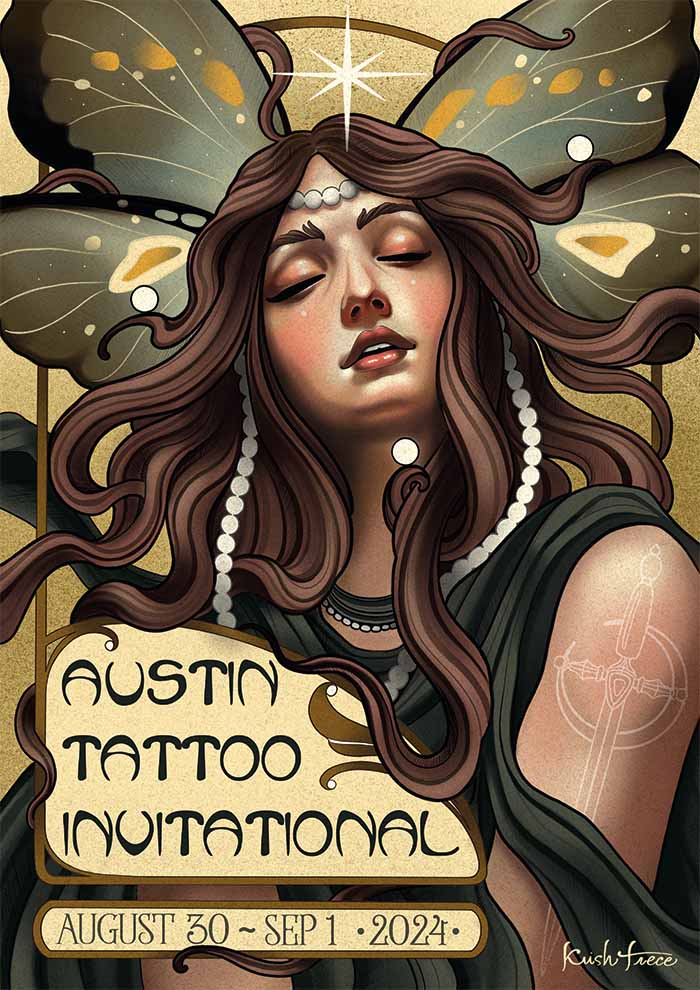 Austin Tattoo Invitational - August 30th ~ September 1st, 2024. Poster design by Krish Trece